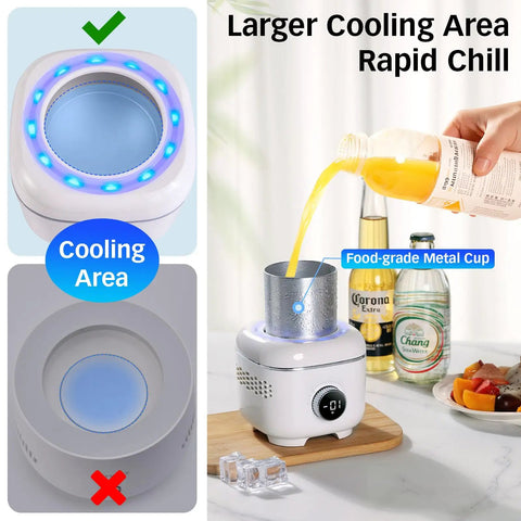 On Point Desktop Drink Chiller And Warmer With Heavy Duty Aluminum Mug and Cool Vibe Mood Light showing larger cooling area and pouring juice.