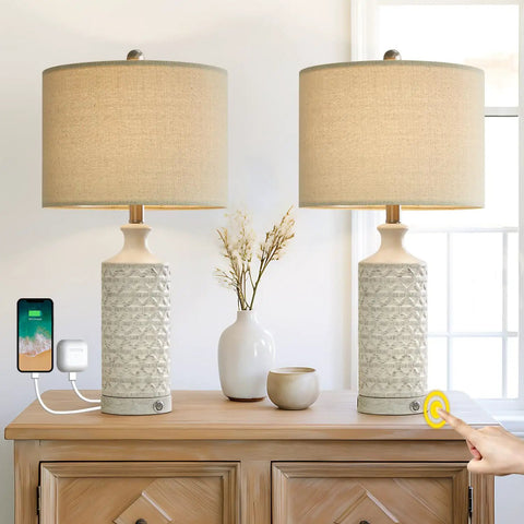 24 Inch Rustic Modern Ceramic Table Lamp Set Of 2 For Living Room And Bedroom White And Grey Finish Farmhouse Nightstand End Table Decor Lamps Cozy Desk Lighting For Bedside Workspace And Kids Room, on a wooden table with USB charging.