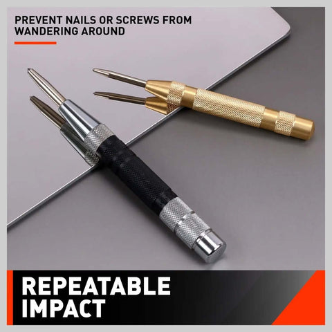 2 Pack 6 Inch Automatic Center Punch With Adjustable Impact One Hand Operation in black and gold on table.