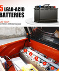 5 lead-acid batteries in electric forklift battery compartment, 12V-70AH, recyclable components for heavy duty use in logistics.