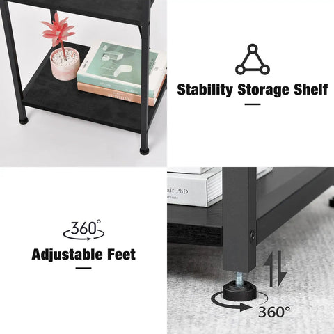 Close-up of tall nightstand with charging station, showing stability shelf and adjustable feet, black finish, compact design.