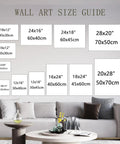 Wall art size guide with various canvas dimensions displayed above a sofa for Rustic Countryside Barn Canvas Wall Art size selection.