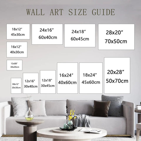 Wall art size guide with various canvas dimensions displayed above a sofa for Rustic Countryside Barn Canvas Wall Art size selection.