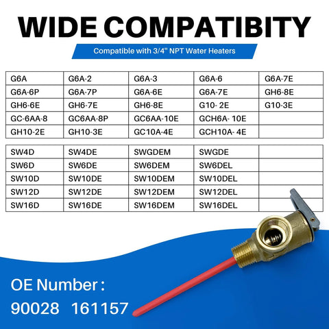 Brass 3/4-inch NPT temperature and pressure relief valve with extended probe and red hose
