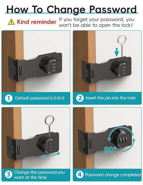 Diagram showing steps to change password on keyless hasp lock for cabinets and small doors, 1000 combo password lock, easy install, black finish.
