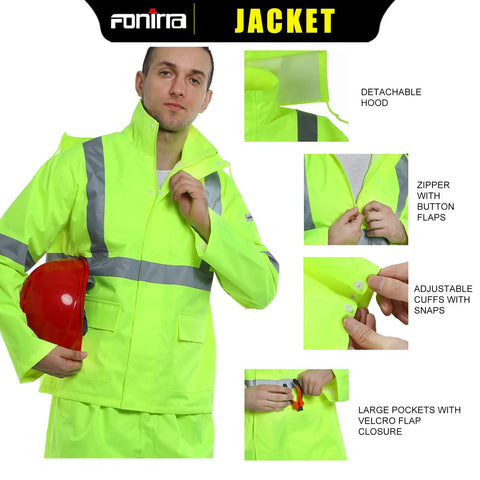 Hi Vis Rain Suit For Men Waterproof Yellow Reflective Class 3 Rain Jacket with adjustable cuffs, button flaps, and pockets