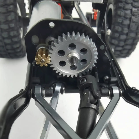 Close-up of Heavy Duty 0.5M Metal Transmission Gear Set with 32T and 8T Spur Gears for One Twenty Fourth Scale RC Cars like SCX24.