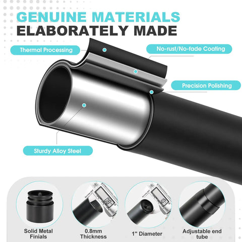 Close-up of Extra Long Black Curtain Rod 240 Inches Heavy Duty 1 Inch Metal Drapery Rod material and construction details.