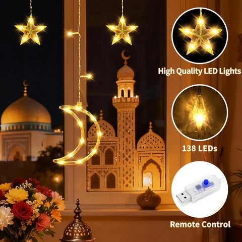 Dazzle Bright Ramadan Curtain String Lights With 138 LEDs Warm White Star Moon Fairy Lights 8 Lighting Modes With Remote 12 Hooks