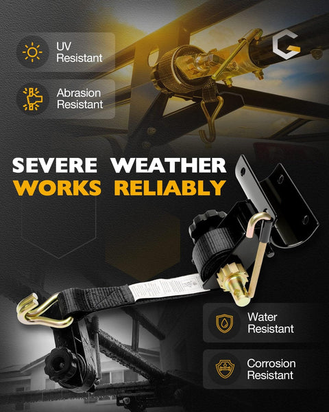 Four Pack One And A Half Inch Ratchet Straps With J Hooks For Ladder Rack And Roof Gear showing Cordura wear pad and J hooks.