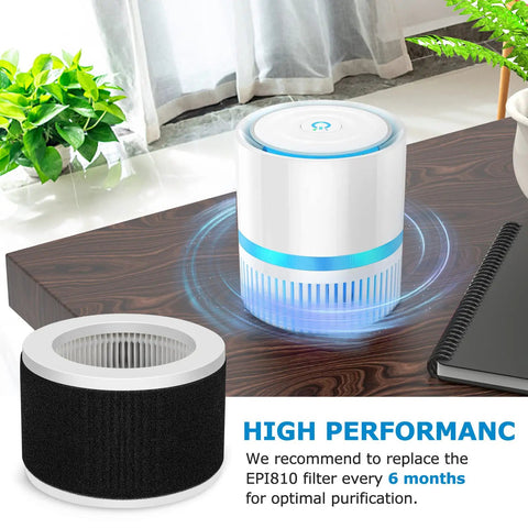 Replacement Filter For EPI810 Air Purifier With 3-In-1 HEPA Filtration on table, plant nearby, recommended 6-month replacement