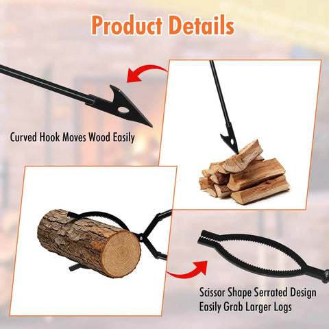 Diagram showing 42 Inch Detachable Fire Tongs And Poker Set With Carrying Bag Heavy Duty Fire Pit Tools Portable Log Grabber features