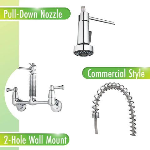 Dual Handle Commercial Style Wall Mount Kitchen Faucet With Pull Down Nozzle Chrome High Arc Spout 1.8 GPM details