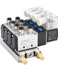 4 Station Solenoid Valve Manifold Kit, 12V DC 5 Way 2 Position Pneumatic Air Valve with four units and manifold base, Model 4V21008.