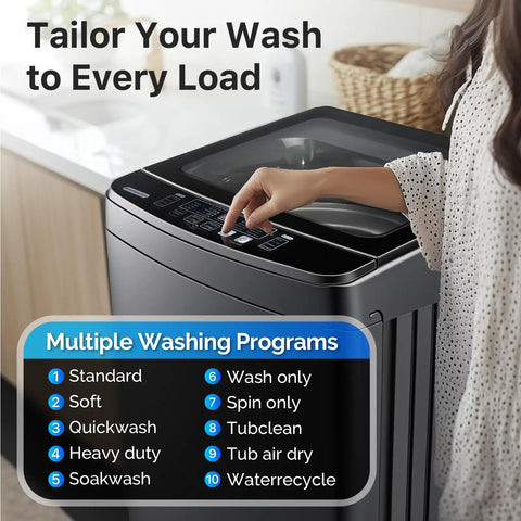Built Tough 27 Lbs Full Automatic Washer And Spinner Combo With 10 Programs And 8 Water Levels, No Sweat Portable Laundry Machine For Tiny Apartment Dorm Or Rv Setup In Grey control panel showing multiple wash programs.