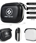 Front view of black carbon-fiber first aid kit in a waterproof hard case, 185-piece set.