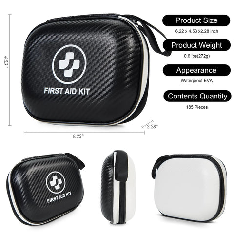 Front view of black carbon-fiber first aid kit in a waterproof hard case, 185-piece set.