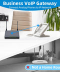Analog Telephone Adapter With 1 FXS Port For VoIP, SIP Ready, shown in office setting with phone and router on desk