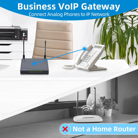 Analog Telephone Adapter With 1 FXS Port For VoIP, SIP Ready, shown in office setting with phone and router on desk