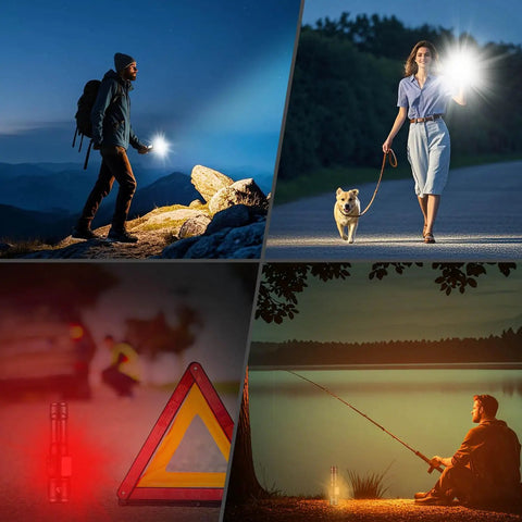 Beast Mode 10000 Lumen LED Flashlight With Digital Power Display in use outdoors for hiking, dog walking, roadside, and fishing at night