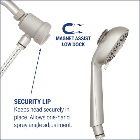 Magnetic Adjustable Height Handheld Shower Head With Dual Dock 5 Foot Metal Hose PowerPulse Massage Brushed Nickel Finish