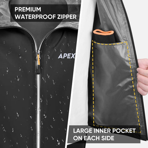 Close-up of Packable Mens Rain Jacket With Reflective Zipper Ultralight Waterproof Windbreaker Hooded Raincoat showing waterproof zipper and inner pocket