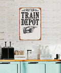 Train Depot Aluminum Wall Decor 12x8 Inch sign with a pointing hand on white brick wall in kitchen setting.