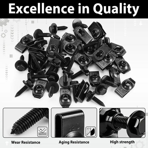 Heavy Duty Fifty Piece Quarter Inch Automotive Body Bolt And U Nut Clip Fastener Kit showing black steel bolts and clips.