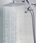 All Metal 10 Inch Rainfall Shower Head With Handheld Spray Combo, 3 Setting Diverter, Chrome Finish flowing water in shower