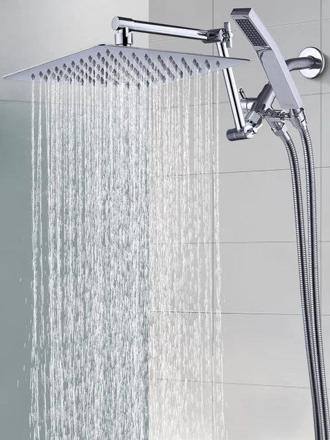 All Metal 10 Inch Rainfall Shower Head With Handheld Spray Combo, 3 Setting Diverter, Chrome Finish flowing water in shower
