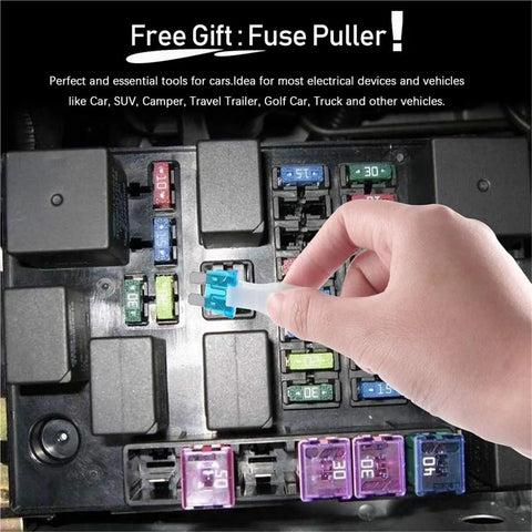 Hand using fuse puller on car fuse box with All In One Car Fuses Assortment Kit 250 Piece With Standard And Mini Blade Fuses