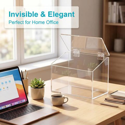 Six Pack Clear Acrylic Self Adhesive Hinges 2.5x1.5 Inch on transparent box in office setting