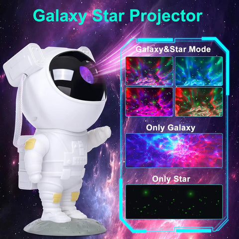 Astronaut-shaped galaxy star projector displaying nebula and star modes with vibrant colors.