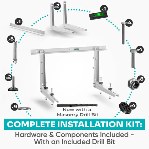Beefy Outdoor Mini Split Wall Mount Bracket For 9000 To 36000 BTU Units Weatherproof Mount With Drill Bit And Anti Vibration Pads Supports Up To 450 Lb Universal Compatibility installation kit showing components like brackets, drill bit, and screws.