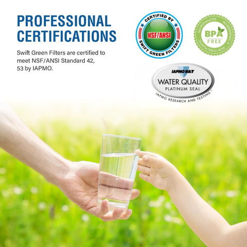 SGF M9 Replacement Water Filter For UKF8001 And EDR4RXD1 Systems certification logos with hands holding clean water