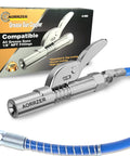 AORRZER grease gun coupler with lever, chrome body and 12-inch blue flex hose, box visible behind.