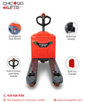 Robust Chicago Lifts Full Electric Pallet Jack 4400 Lb Capacity with emergency stop, multi-function handle, and balanced wheels.