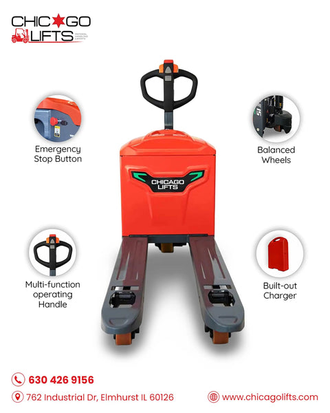Robust Chicago Lifts Full Electric Pallet Jack 4400 Lb Capacity with emergency stop, multi-function handle, and balanced wheels.