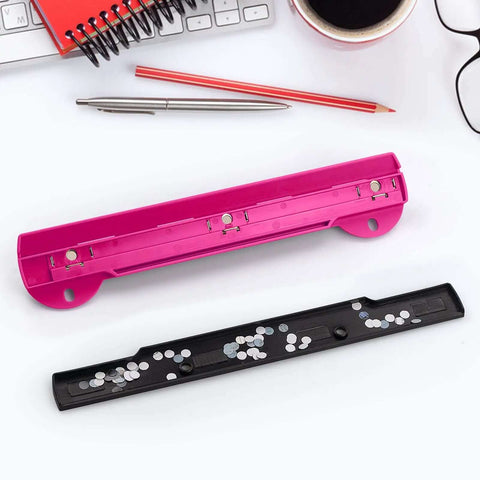 3 Hole Punch For Ring Binders With Built In Ruler, Handy Portable Paper Puncher, 5 Sheets Capacity, Deep Pink on desk