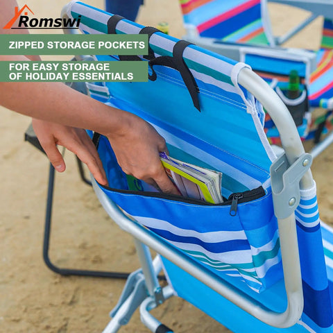 Extra Wide 2 Pack Lay Flat Folding Beach Chairs With 5 Positions Aluminum Frame Includes Cooler Bag Cup And Phone Holder Towel Bar For Outdoor Lawn Picnics Camping And Sports In Blue Stripes, showing zipped storage pockets.