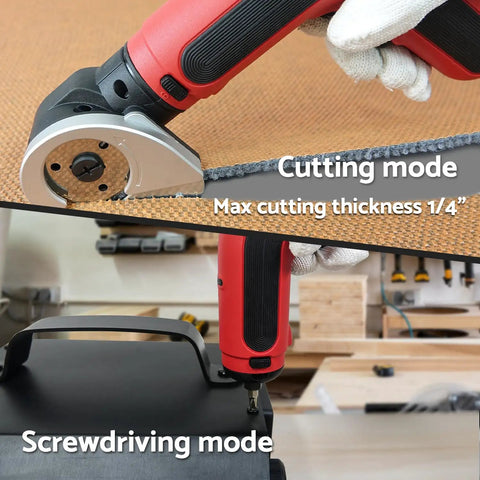S&F Stead Fast Electric Box Cutter 4V Cordless Power Scissors For Cardboard Crafts Leather Paper With Case 90 Degree Angle multifunction tool in cutting and screwdriver modes.