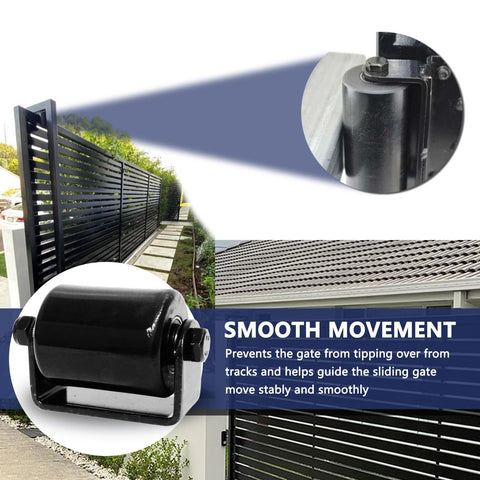 2 Pack Gate Guide Roller With C Post Welded Bracket for heavy duty sliding gates, shown on metal fence, close-up of roller
