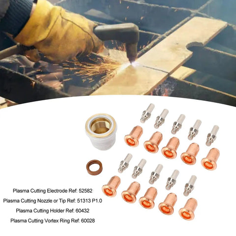 Keenso 23PC Plasma Cutter Torch Consumables Kit showing brass nozzles and electrodes, ideal for heavy duty cutting jobs.