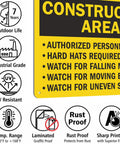 Construction Zone Warning Sign 10 By 14 Inches Heavy Duty Aluminum Plate Authorized Personnel Only Hard Hats Required Rust Proof Outdoor Metal Mount With Pre Drilled Holes For Site Crews Hella Tough No Fuss Safety Gear, displaying safety instructions.