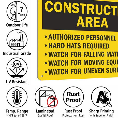 Construction Zone Warning Sign 10 By 14 Inches Heavy Duty Aluminum Plate Authorized Personnel Only Hard Hats Required Rust Proof Outdoor Metal Mount With Pre Drilled Holes For Site Crews Hella Tough No Fuss Safety Gear, displaying safety instructions.