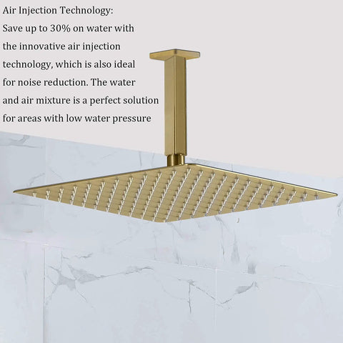 Slick Brushed Gold Ceiling Mounted Rain And Handheld Shower System Featuring Water Powered Digital Display And Smooth Single Lever Controls, showcasing air injection technology.