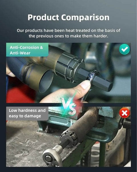 Product comparison of two pipe expander tool sets showing anti-corrosion and anti-wear treatment versus low hardness.