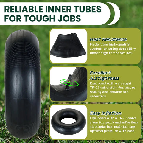 Two Pack Heavy Duty Inner Tubes For 18x6.50-8 Through 20x10-8 With TR13 Straight Valve Stem, lawn mower tire shown vertically