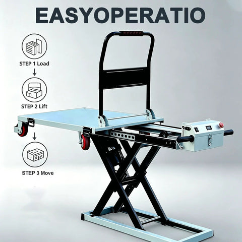 Heavy Duty Electric Hydraulic Lift Table Cart With 660 Lb Capacity And No Sweat Rolling Wheels Featuring Adjustable Sliding Rails And A Grippy Antislip Platform