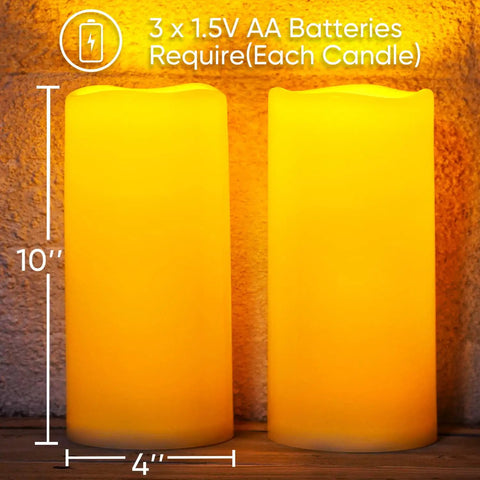 Lit 10 Inch Outdoor Flameless Candles With Remote And Timer, Waterproof LED Pillar Candles, Set of 2 on wooden surface.
